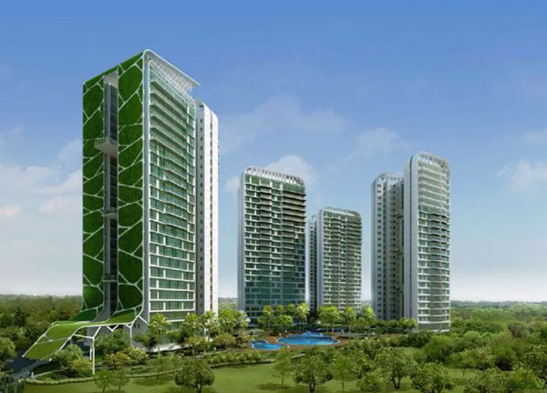 De Tree House in Singapore. De volledige zijkant en bovenkant van de wolkenkrabber is groen.